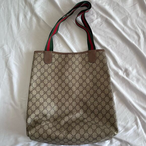 Vintage Gucci Sherry Line GUCCI GG Plus Tote Bag Leather Brown Beige Red Green - Picture 6 of 12